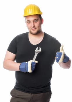 Craftsman with wrench shows thumbs up
