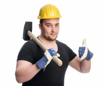 Worker with sledgehammer shows thumbs up