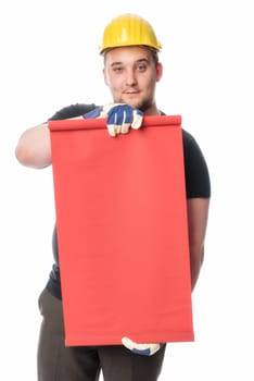 Craftsman holds an advertising sign