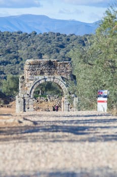 Via de la Plata pilgrim crossing remains of Roman city of Caparra, Caceres, Extremadura, Spain