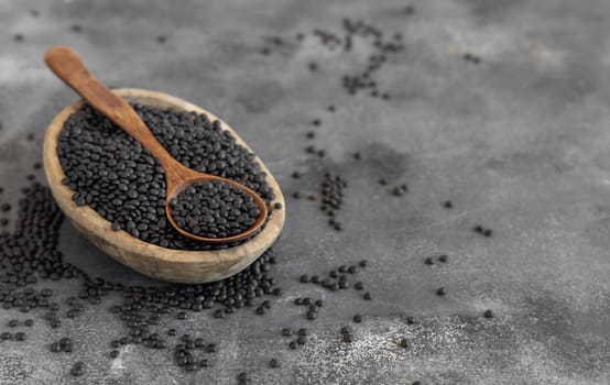Bowl of dry black lentils beans with a spoon on grey table close up, copy space. Healthy eating, protein source for vegan and vegetarian diet. Traditional Asian and North African cuisines ingredient