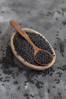 Bowl of dry black lentils beans with a spoon on grey table close up, copy space. Healthy eating, protein source for vegan and vegetarian diet. Traditional Asian and North African cuisines ingredient
