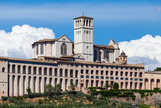 Assisi village in Umbria region, Italy. The most important Italian St. Francis Basilica (Basilica di San Francesco)