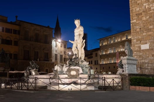 Florence, Italy - Circa June 2021:  architecture illuminated by night, Piazza della Signoria - Signoria Square. Urban scene in exterior - nobody.