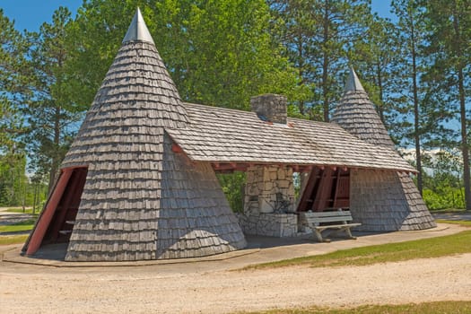 Unique Rustic Teepee Themed Picnic Rest Area at the Seney National Wildlife Refuge in Michigan