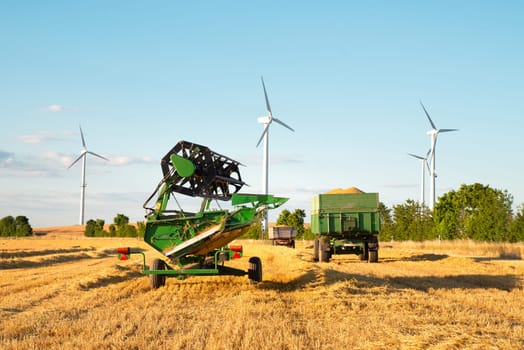 Harvester in a field of cultivated barley in Germany, harvest in the summer, agriculture for food, farmland on the countryside