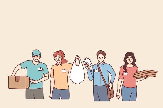 People couriers in uniform standing with delivery packages and parcels. Company employees deliver orders to clients or customer. Shipping and logistics. Vector illustration.