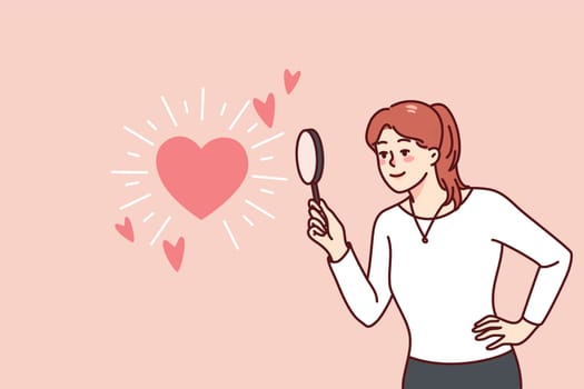 Woman holding magnifying glass looking at heart symbol. Happy girl looking for love or relationships with magnifier. Flat vector illustration.