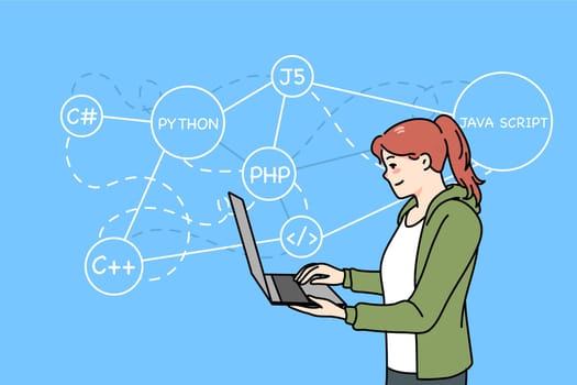 Female programmer working on computer writing codes. Woman coder or software engineer busy at laptop. PHP, Java and Python languages. Flat vector illustration.