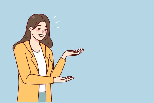 Happy young woman showing blank copy space for advertising placement. Smiling female recommend good sale deal or offer. Client recommendation. Vector illustration.