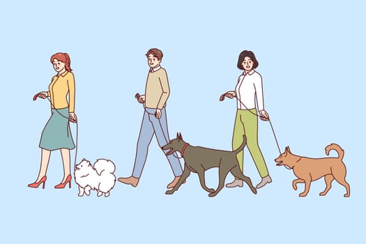 People with dogs on leashes walking on canine contest. Pet owners with domestic animals on competition. Vector illustration.