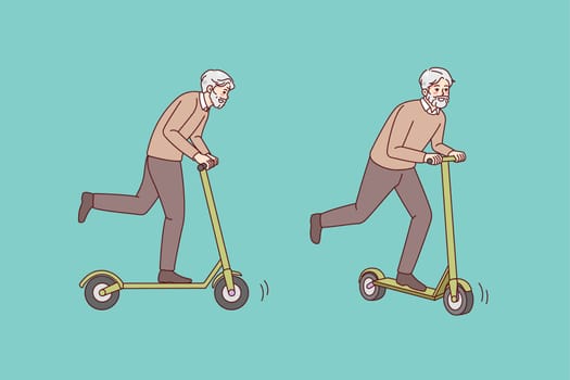Overjoyed energetic elderly man have fun riding on scooter outdoors. Happy active mature grandfather feel joyful and positive enjoy outdoors activity. Vector illustration.