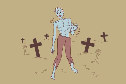 Zombie walking on cemetery at night. Creepy monster on Halloween outside. Walking dead. Vector illustration.