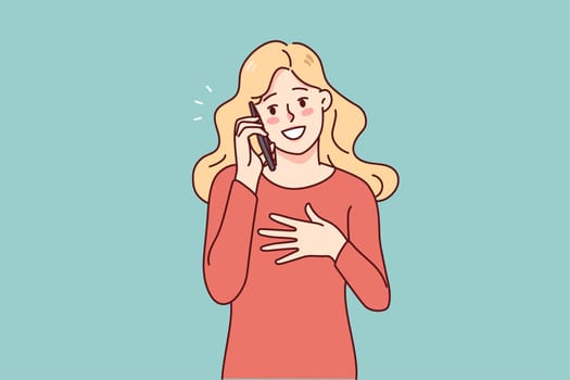 Happy young woman talk on cellphone gadget. Smiling girl have fun enjoy pleasant smartphone conversation or call. Technology concept. Vector illustration.