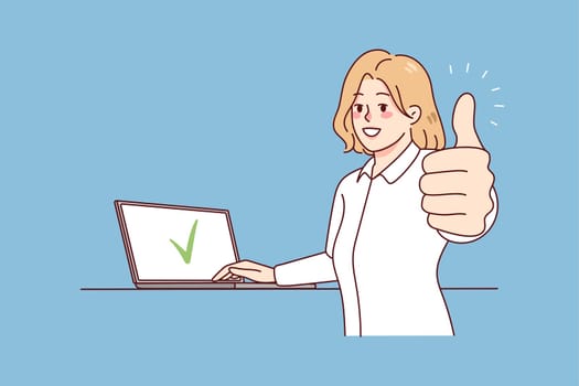 Smiling woman working on computer show thumb recommending online services. Happy female client give recommendation to laptop app. Customer feedback. Vector illustration.