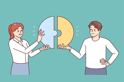 Happy businesspeople connect pieces of jigsaw find solution together. Smiling employees look for solution. Teamwork and problem solving. Flat vector illustration.