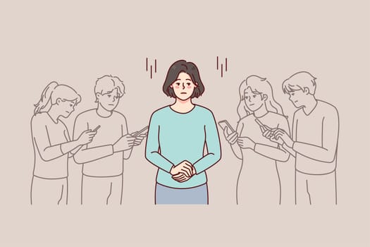 Young woman in people crowd using cellphone feeling lonely and isolated. Unhappy frustrated female separated from group with smartphones. Gadget addiction. Vector illustration.