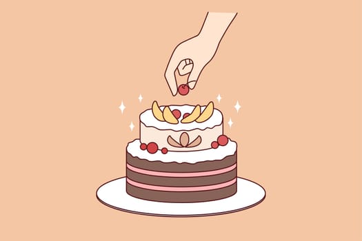 Person decorate cake with fruits. Chef preparing homemade delicious pie. Dessert and confectionary. Flat vector illustration.