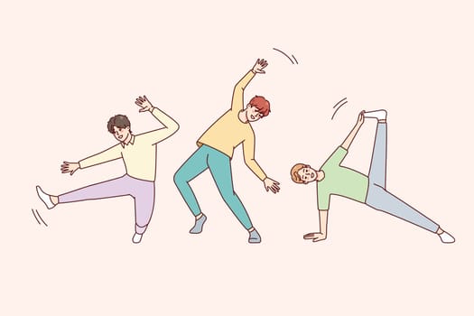 Smiling boys children dancing together. Happy guys have fun engaged in dancer activities. Hobby and entertainment concept. Vector illustration.
