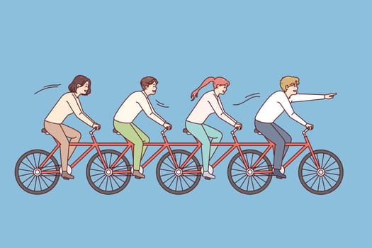 People riding one bike together. Business team on bicycle engaged in teamwork. Teambuilding and unity in office. Vector illustration.