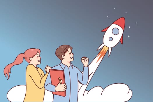 People excited about rocket flying in sky. Businesspeople celebrate shared business startup launch. Innovation and project start. Vector illustration.