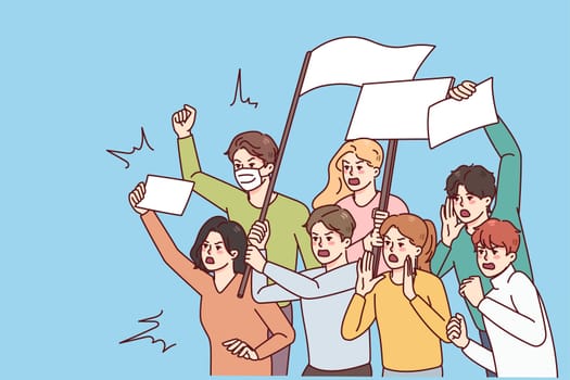 Angry people with placards protest on demonstration or riot. Furious activists stand against discrimination on meeting. Vector illustration.