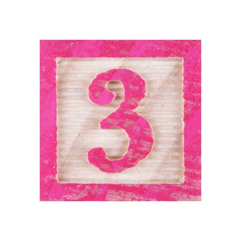 A number 3 three childs wood block on white with clipping path