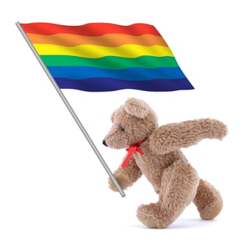 A gay pride rainbow flag being carried by a cute teddy bear