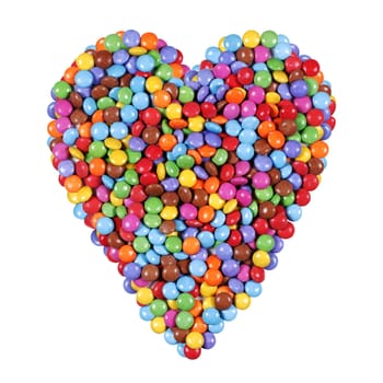 A heart shape made from multi coloured candy