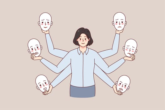 Businesswoman holding different masks choose moods and emotions in office. Woman feel emotional. Liar or bipolar disorder. Flat vector illustration.