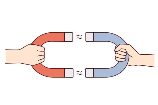 People holding magnets getting attracted to each other. Tension or attraction between man and woman. Client retention. Vector illustration.
