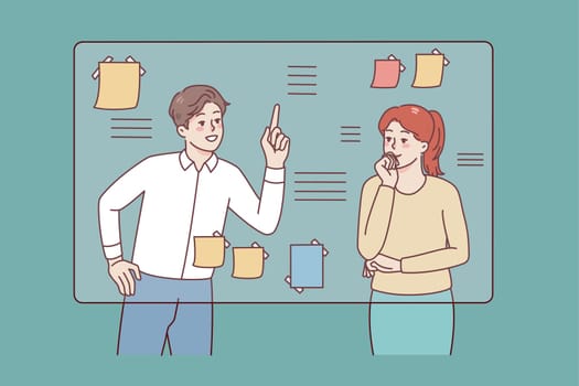 Businesspeople near board in office engaged in brainstorming think over project together. Man and woman consider business plan or project. Teamwork. Vector illustration.