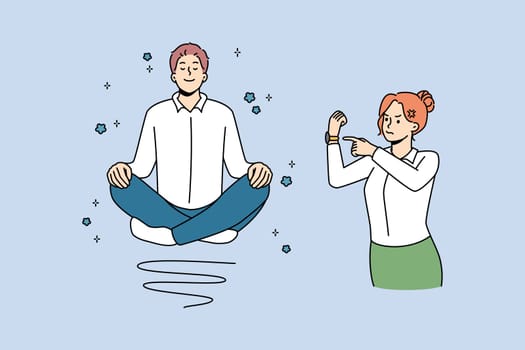 Calm man meditate at work, angry boss stressed about deadline. Relaxed and distressed employees at workplace. Time management. Vector illustration.