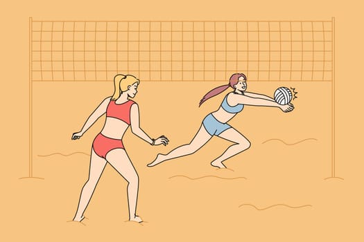 Women in swimsuits playing volleyball on beach. Smiling active girls in bikini involved in sport activity on seashore on summer holidays. Vector illustration.