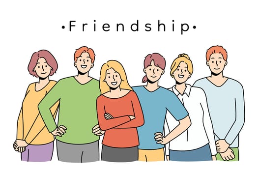 Diverse young people standing together showing friendship and support. Multiethnic youth group togetherness. Teamwork and cooperation. Vector illustration.
