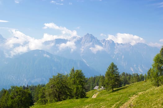Landscape of Lienz Dolomites in Austria. Panorama of massive Alpine mountains. East Tyrol