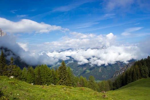Landscape of Lienz Dolomites in Austria. Panorama of massive Alpine mountains. East Tyrol
