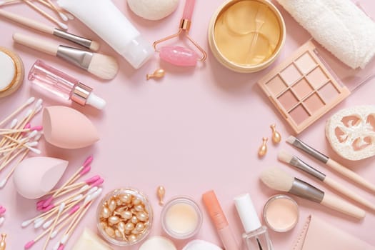 Skin care and makeup products on light pink, top view, copy space. Flat lay with natural beauty products and decorative cosmetics. Everyday woman face care routine