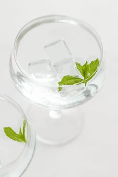 Transparent cocktail with ice cubes in a glass decorated with mint leaves close up. Tropical drink at the bar. Summer vacation mood. Analcolic mocktail drink