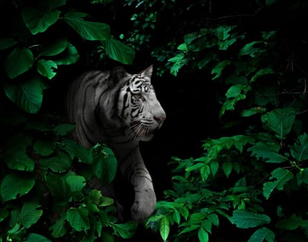 white tiger in tropical rainforest at night  dark background