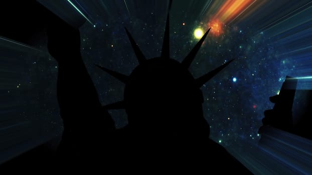 Statue of liberty against Stars in the night with light rays,Statue of liberty against Stars in the night with light rays