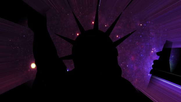 Statue of liberty against Stars in the night with light rays,Statue of liberty against Stars in the night with light rays