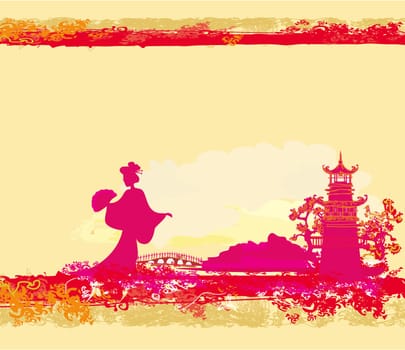 abstract Asian Landscape and beautiful Asian geisha girl