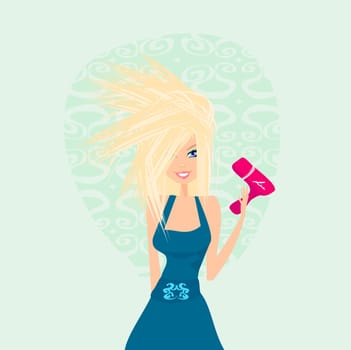 beautiful woman drying her hair by dryer