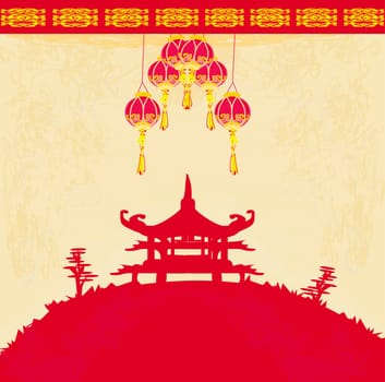 old paper with Asian Landscape and Chinese Lanterns - vintage