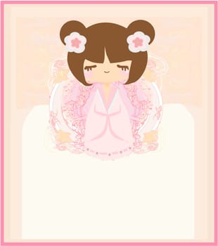 Kokeshi doll on the pink background with floral ornament