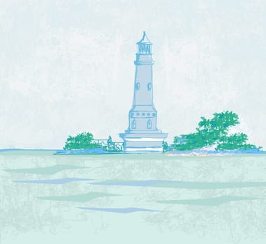 lighthouse seen from a tiny beach - Grunge Poster