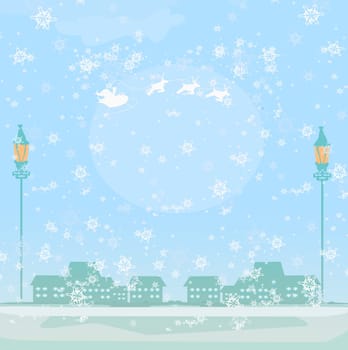 Happy New year card with Santa and winter landscape