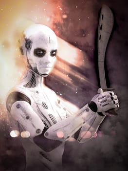 3D rendering of a robot woman holding a machete in her hands surrounded by smoke and fire sparks. Futuristic digital hero concept.
