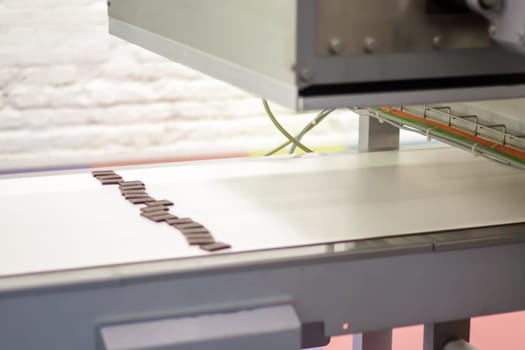 Line for the production of chocolate in an industrial factory. Automatic process in the production line of sweets. Images from the chocolate factory during production. Conveyor belt with sweets